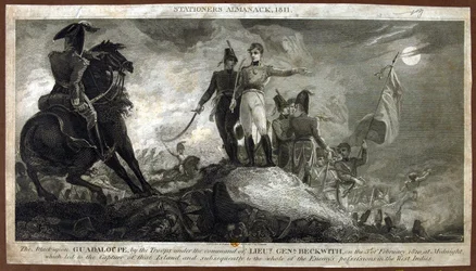 O ataque a Guadalupe, pelas tropas sob o comando do tenente-general Beckwith, em 3 de fevereiro de 1810 à meia-noite, de "The Stationer&39;s Almanac", gravado por T. Edwards, publicado em 1810 (co